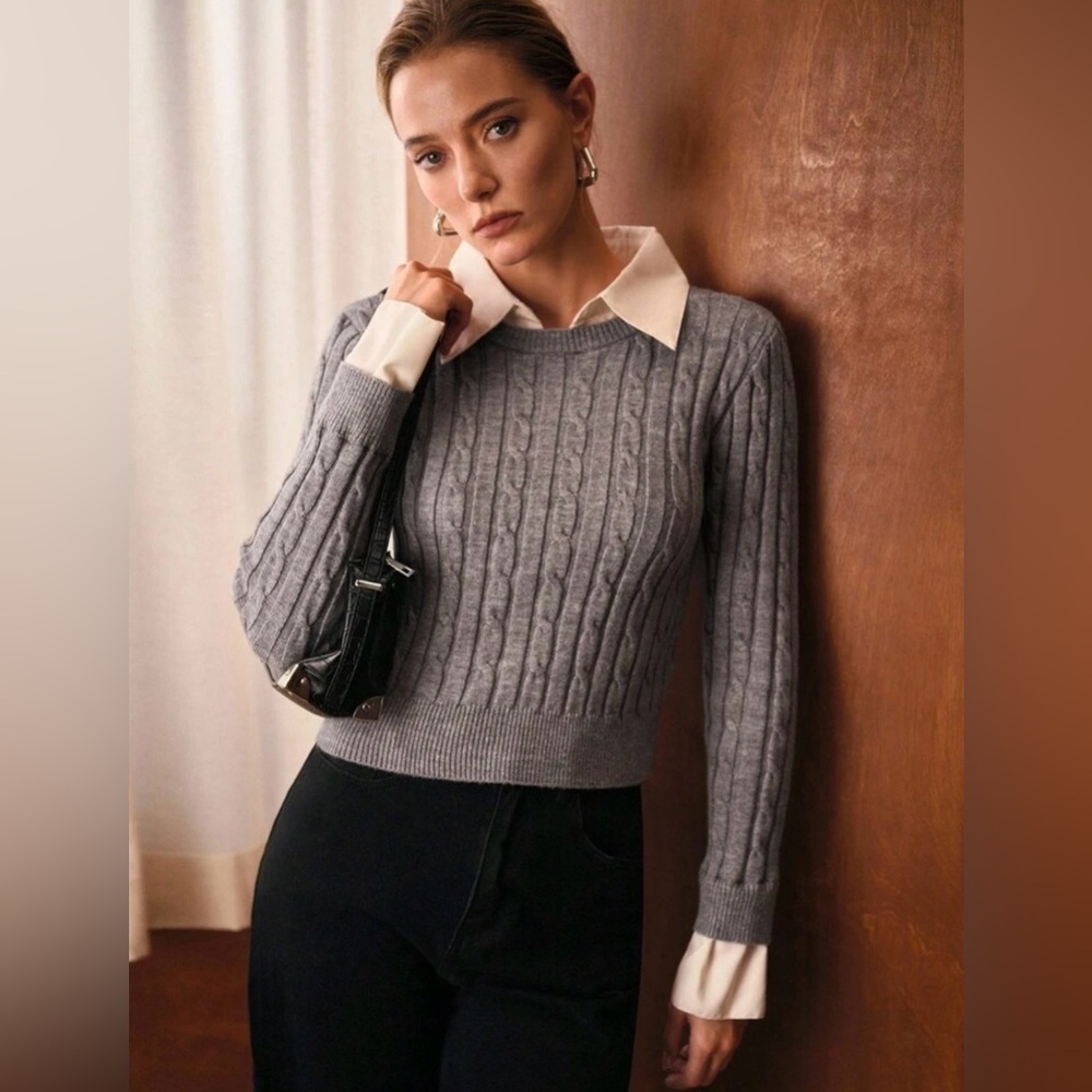 Gray Cable Knit Women's Sweater